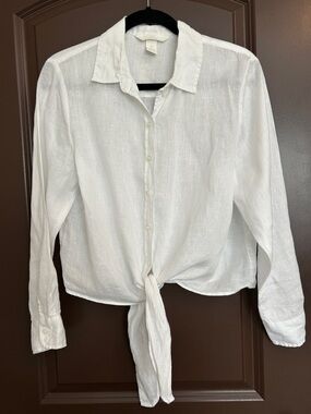 H&M White 100% Linen Tie Front Button-Up cropped Shirt Small. NWOT